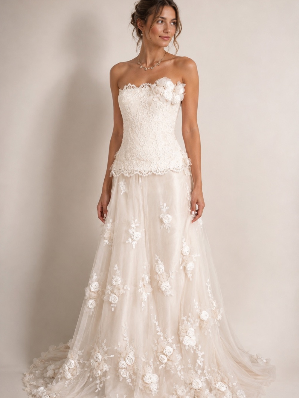 Vintage Claire Pettibone Two Piece Strapless Floral Appliqué Lace Wedding Dress